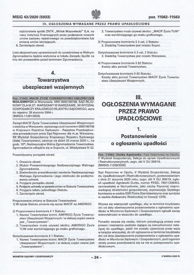 Ogłoszenie w MSiG nr 43/2020 (5933) poz. 11561
