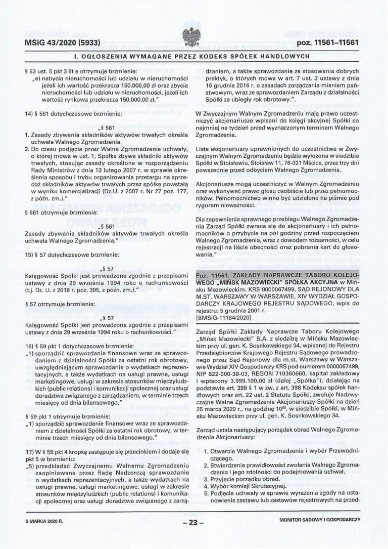 Ogłoszenie w MSiG nr 43/2020 (5933) poz. 11561